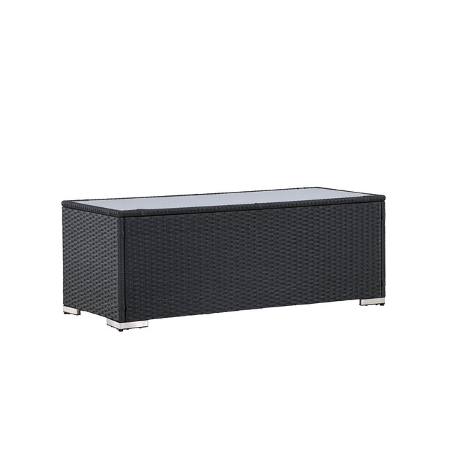 Lounge-Tisch London Schwarz – Outdoor-Couchtisch 120×50 cm Polyrattan und Glasplatte