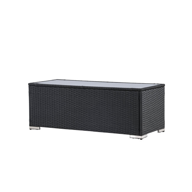 Lounge-Tisch London Schwarz – Outdoor-Couchtisch 120×50 cm Polyrattan und Glasplatte