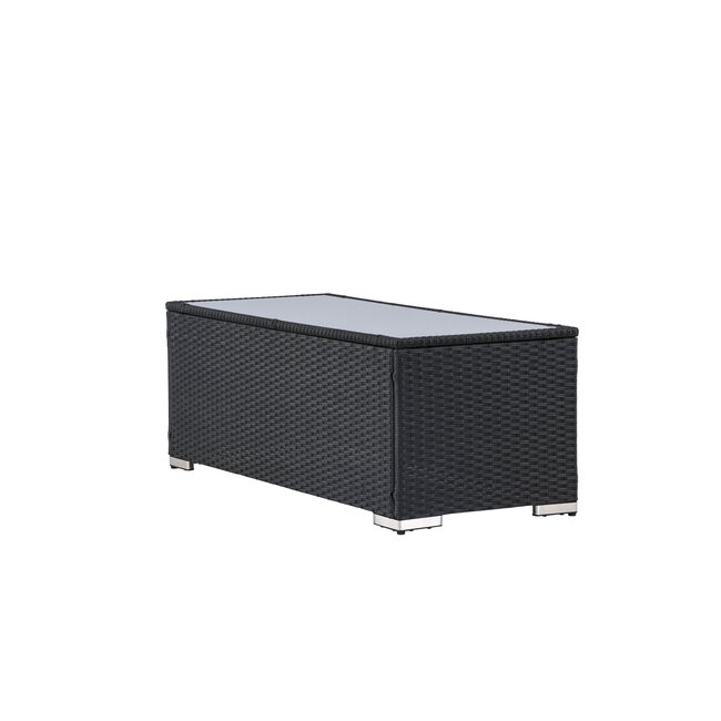 Lounge-Tisch London Schwarz – Outdoor-Couchtisch 120×50 cm Polyrattan und Glasplatte