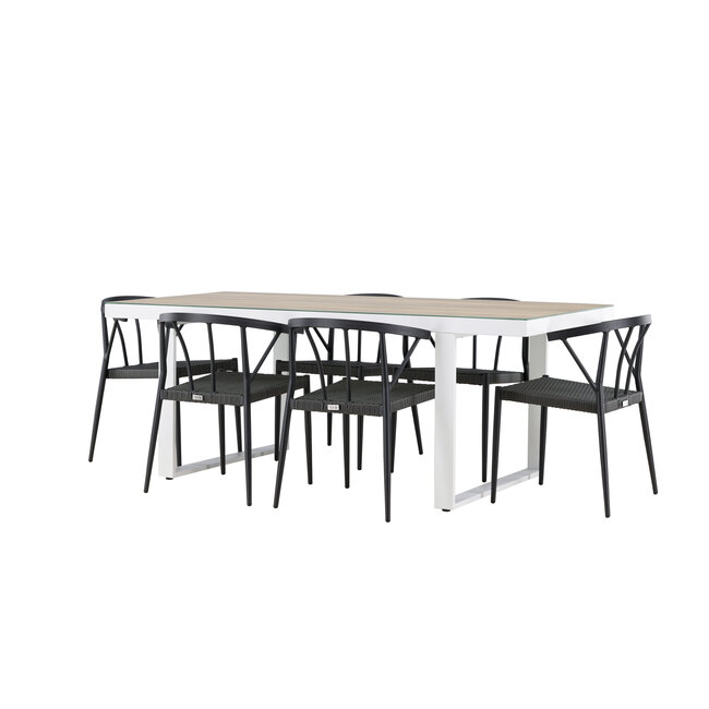 Gartenmöbel-Set Merlo und Stina – Tisch Aluminium Whitewash + Stina Stühle Aluminium Wicker Schwarz
