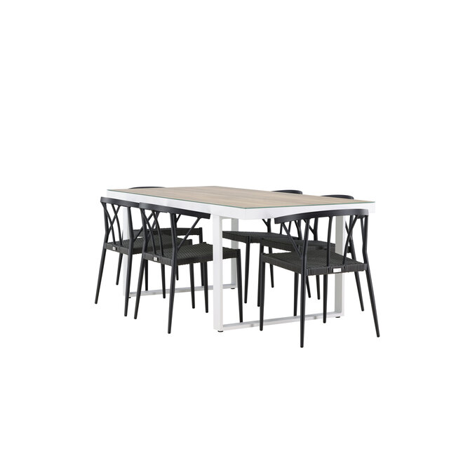 Gartenmöbel-Set Merlo und Stina – Tisch Aluminium Whitewash + Stina Stühle Aluminium Wicker Schwarz