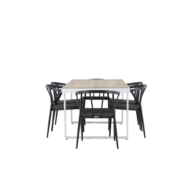 Gartenmöbel-Set Merlo und Stina – Tisch Aluminium Whitewash + Stina Stühle Aluminium Wicker Schwarz