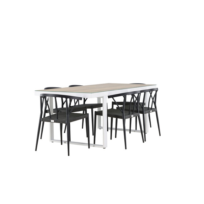 Gartenmöbel-Set Merlo und Stina – Tisch Aluminium Whitewash + Stina Stühle Aluminium Wicker Schwarz