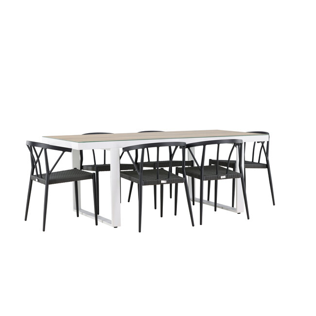 Gartenmöbel-Set Merlo und Stina – Tisch Aluminium Whitewash + Stina Stühle Aluminium Wicker Schwarz