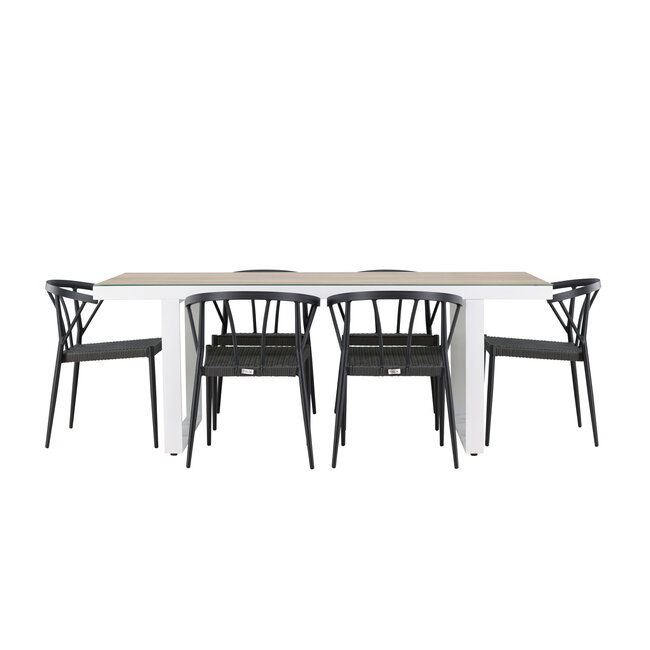 Gartenmöbel-Set Merlo und Stina – Tisch Aluminium Whitewash + Stina Stühle Aluminium Wicker Schwarz