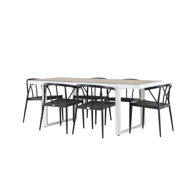Gartenmöbel-Set Merlo und Stina – Tisch Aluminium Whitewash + Stina Stühle Aluminium Wicker Schwarz