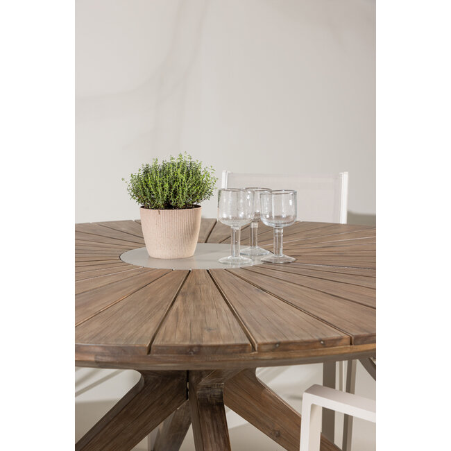 Gartenmöbel-Set Rosario & Copacabana Schwarz – Tisch Akazienholz Ø140 cm + Stapelstühle Aluminium Textilene