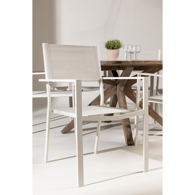 Gartenmöbel-Set Rosario & Copacabana Schwarz – Tisch Akazienholz Ø140 cm + Stapelstühle Aluminium Textilene