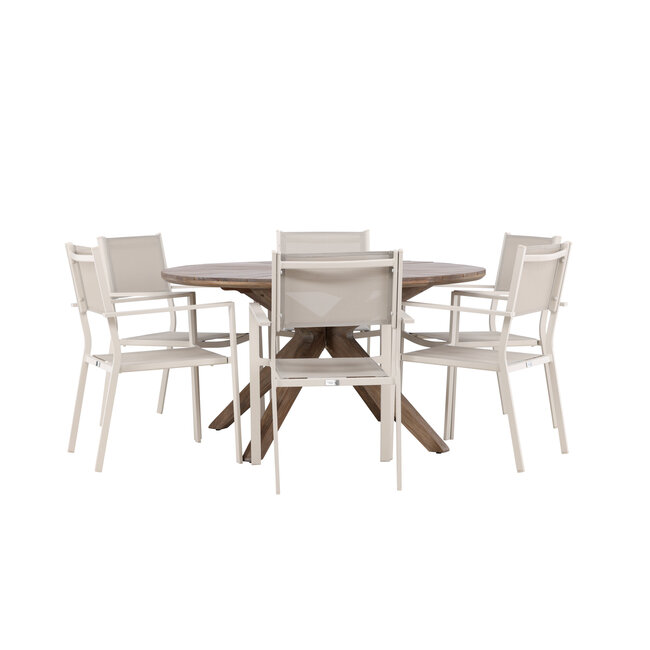 Gartenmöbel-Set Rosario & Copacabana Schwarz – Tisch Akazienholz Ø140 cm + Stapelstühle Aluminium Textilene