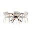 Gartenmöbel-Set Rosario & Copacabana Schwarz – Tisch Akazienholz Ø140 cm + Stapelstühle Aluminium Textilene