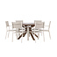 Gartenmöbel-Set Rosario & Copacabana Schwarz – Tisch Akazienholz Ø140 cm + Stapelstühle Aluminium Textilene