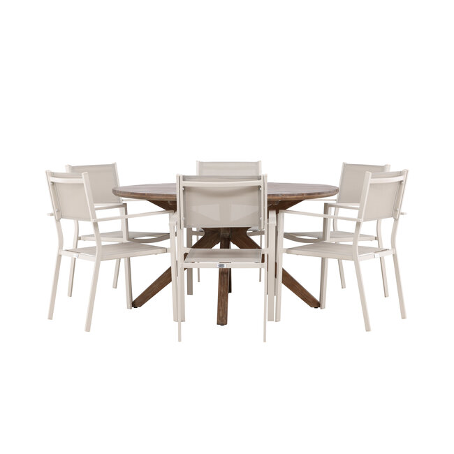 Gartenmöbel-Set Rosario & Copacabana Schwarz – Tisch Akazienholz Ø140 cm + Stapelstühle Aluminium Textilene