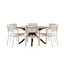 Gartenmöbel-Set Rosario & Copacabana Schwarz – Tisch Akazienholz Ø140 cm + Stapelstühle Aluminium Textilene