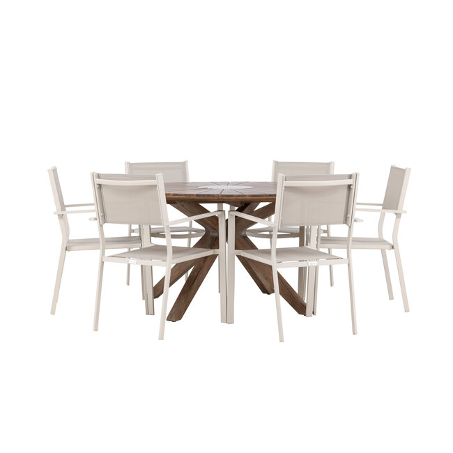 Gartenmöbel-Set Rosario & Copacabana Schwarz – Tisch Akazienholz Ø140 cm + Stapelstühle Aluminium Textilene