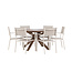 Gartenmöbel-Set Rosario & Copacabana Schwarz – Tisch Akazienholz Ø140 cm + Stapelstühle Aluminium Textilene
