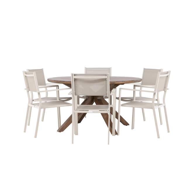 Gartenmöbel-Set Rosario & Copacabana Schwarz – Tisch Akazienholz Ø140 cm + Stapelstühle Aluminium Textilene