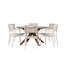 Gartenmöbel-Set Rosario & Copacabana Schwarz – Tisch Akazienholz Ø140 cm + Stapelstühle Aluminium Textilene