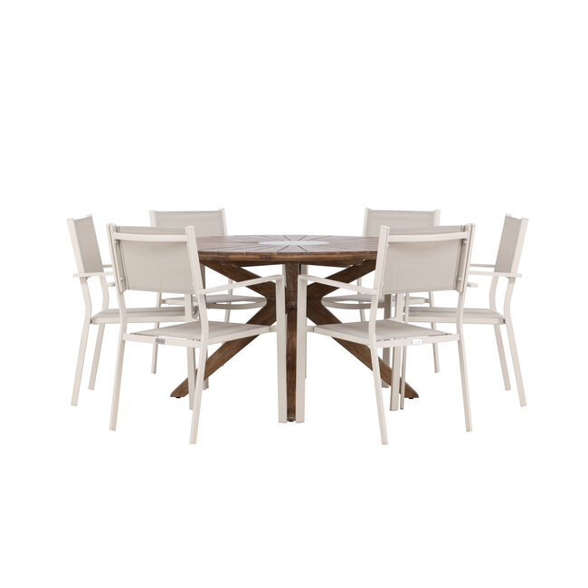 Gartenmöbel-Set Rosario & Copacabana Schwarz – Tisch Akazienholz Ø140 cm + Stapelstühle Aluminium Textilene