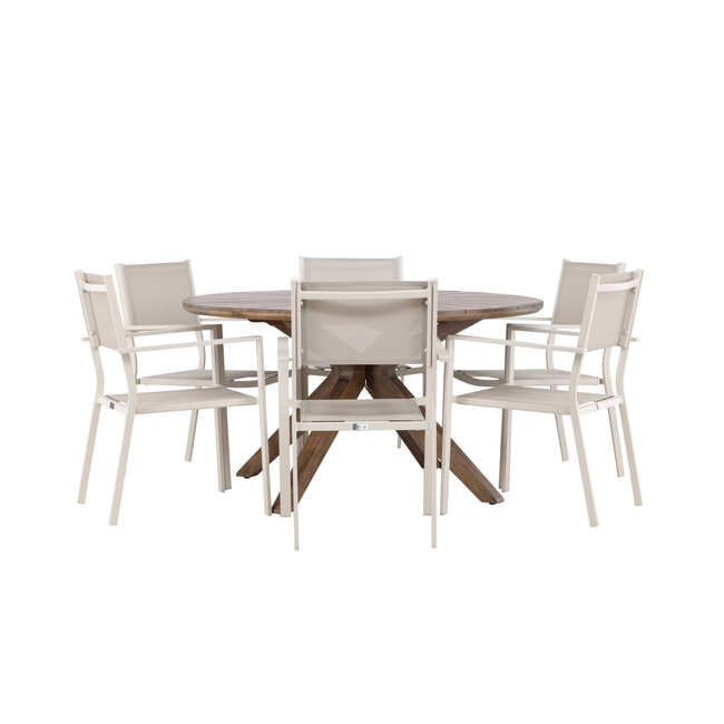Gartenmöbel-Set Rosario & Copacabana Schwarz – Tisch Akazienholz Ø140 cm + Stapelstühle Aluminium Textilene