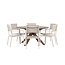 Gartenmöbel-Set Rosario & Copacabana Schwarz – Tisch Akazienholz Ø140 cm + Stapelstühle Aluminium Textilene