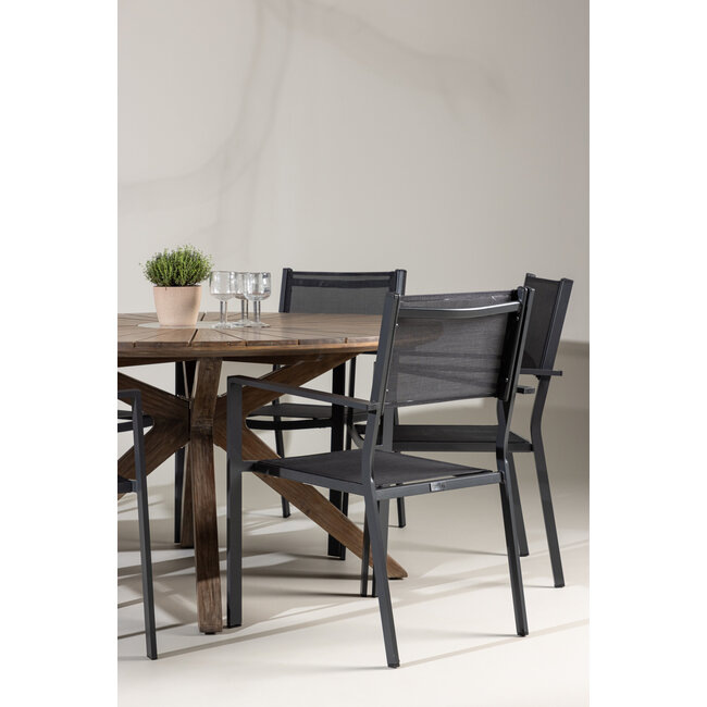 Gartenmöbel-Set Rosario & Copacabana – Runder Tisch Ø140 cm Akazienholz + Copacabana Stapelstühle Aluminium