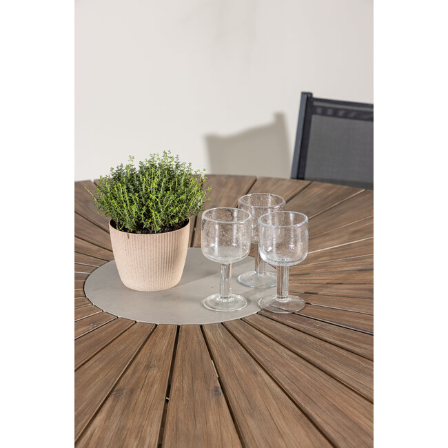 Gartenmöbel-Set Rosario & Copacabana – Runder Tisch Ø140 cm Akazienholz + Copacabana Stapelstühle Aluminium