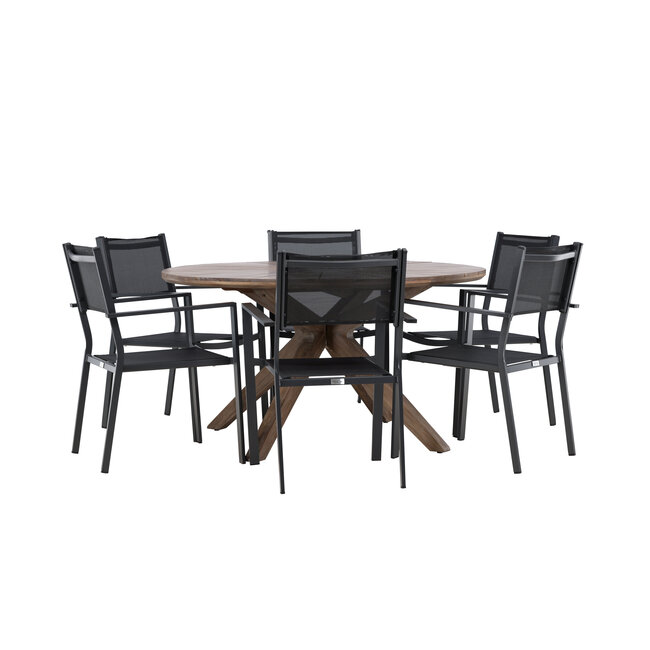 Gartenmöbel-Set Rosario & Copacabana – Runder Tisch Ø140 cm Akazienholz + Copacabana Stapelstühle Aluminium
