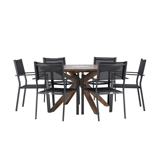 Gartenmöbel-Set Rosario & Copacabana – Runder Tisch Ø140 cm Akazienholz + Copacabana Stapelstühle Aluminium