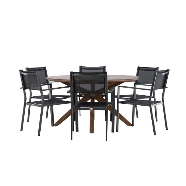 Gartenmöbel-Set Rosario & Copacabana – Runder Tisch Ø140 cm Akazienholz + Copacabana Stapelstühle Aluminium