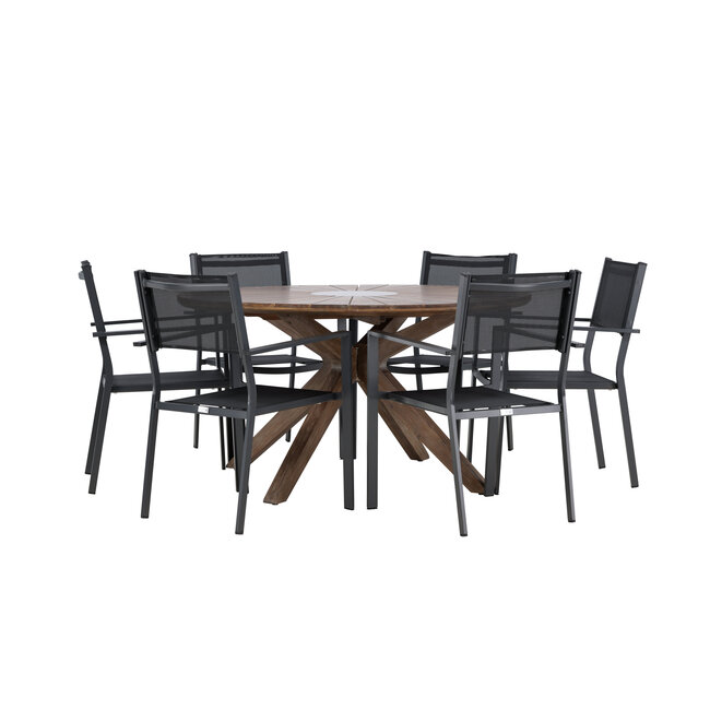 Gartenmöbel-Set Rosario & Copacabana – Runder Tisch Ø140 cm Akazienholz + Copacabana Stapelstühle Aluminium