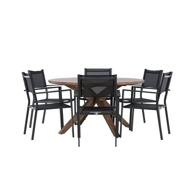 Gartenmöbel-Set Rosario & Copacabana – Runder Tisch Ø140 cm Akazienholz + Copacabana Stapelstühle Aluminium