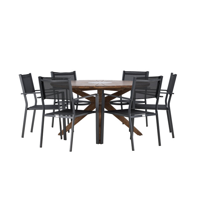 Gartenmöbel-Set Rosario & Copacabana – Runder Tisch Ø140 cm Akazienholz + Copacabana Stapelstühle Aluminium