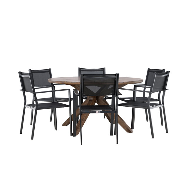 Gartenmöbel-Set Rosario & Copacabana – Runder Tisch Ø140 cm Akazienholz + Copacabana Stapelstühle Aluminium