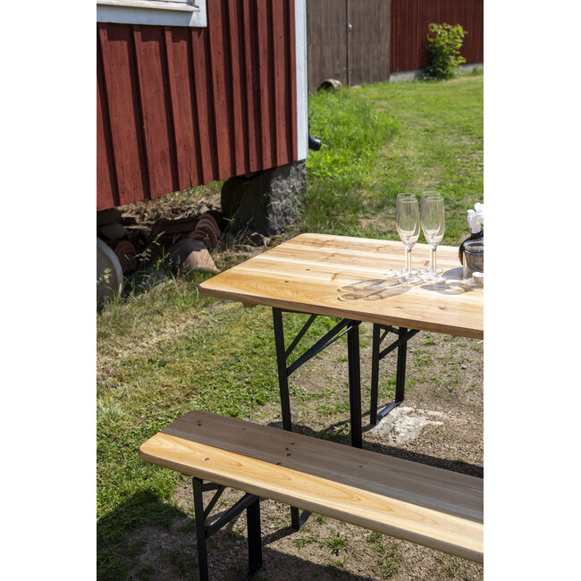 Gartenmöbel-Set Guniess aus Tannenholz und Stahl, Tisch 200×60×75 cm + 2 Bänke – wetterfeste Gartenessgruppe Natur/Schwarz