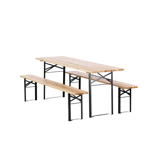 Gartenmöbel-Set Guniess aus Tannenholz und Stahl, Tisch 200×60×75 cm + 2 Bänke – wetterfeste Gartenessgruppe Natur/Schwarz
