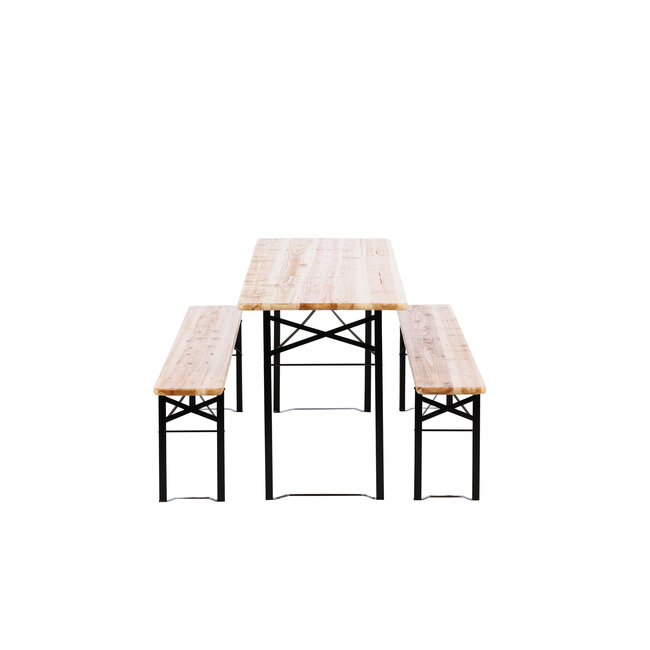 Gartenmöbel-Set Guniess aus Tannenholz und Stahl, Tisch 200×60×75 cm + 2 Bänke – wetterfeste Gartenessgruppe Natur/Schwarz