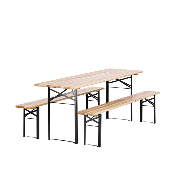 Gartenmöbel-Set Guniess aus Tannenholz und Stahl, Tisch 200×60×75 cm + 2 Bänke – wetterfeste Gartenessgruppe Natur/Schwarz