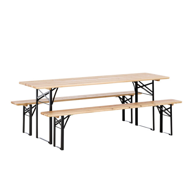 Gartenmöbel-Set Guniess aus Tannenholz und Stahl, Tisch 200×60×75 cm + 2 Bänke – wetterfeste Gartenessgruppe Natur/Schwarz
