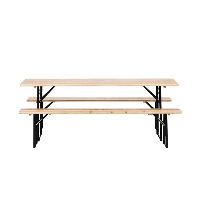 Gartenmöbel-Set Guniess aus Tannenholz und Stahl, Tisch 200×60×75 cm + 2 Bänke – wetterfeste Gartenessgruppe Natur/Schwarz