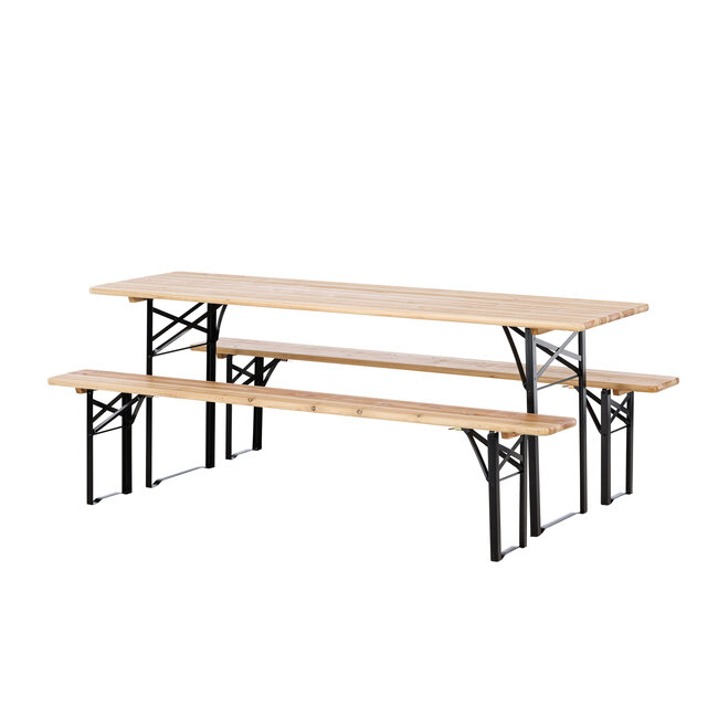 Gartenmöbel-Set Guniess aus Tannenholz und Stahl, Tisch 200×60×75 cm + 2 Bänke – wetterfeste Gartenessgruppe Natur/Schwarz