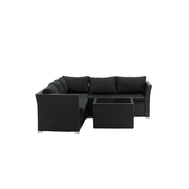 Lounge-Set Haiti Schwarz – Outdoor-Lounge aus Polyrattan, Polyester und Stahl mit Glastisch, Sofatiefe 75 cm, Höhe 64 cm