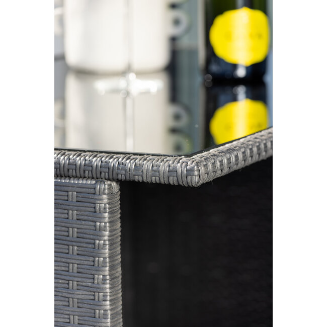 Barset Knock Schwarz – 3-teiliges Outdoor-Barset aus Polyrattan mit Glasplatte und 2 Barstühlen mit Sitzkissen, UV-beständig