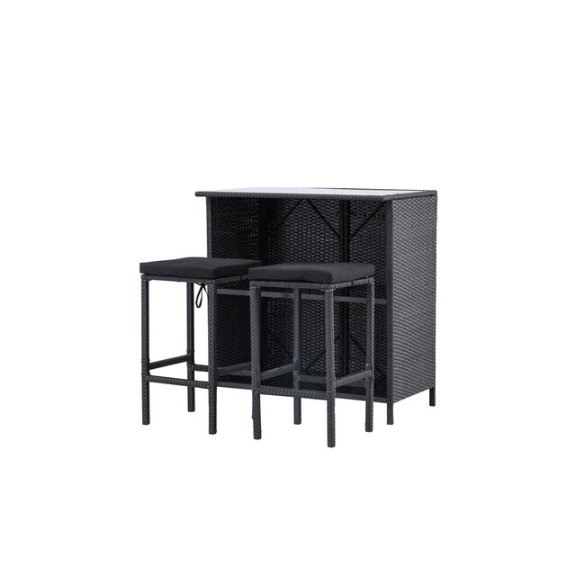 Barset Knock Schwarz – 3-teiliges Outdoor-Barset aus Polyrattan mit Glasplatte und 2 Barstühlen mit Sitzkissen, UV-beständig