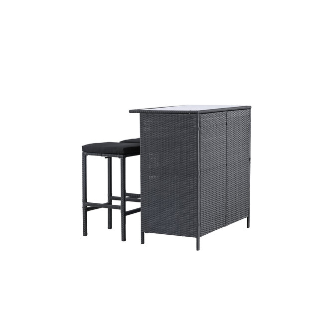 Barset Knock Schwarz – 3-teiliges Outdoor-Barset aus Polyrattan mit Glasplatte und 2 Barstühlen mit Sitzkissen, UV-beständig