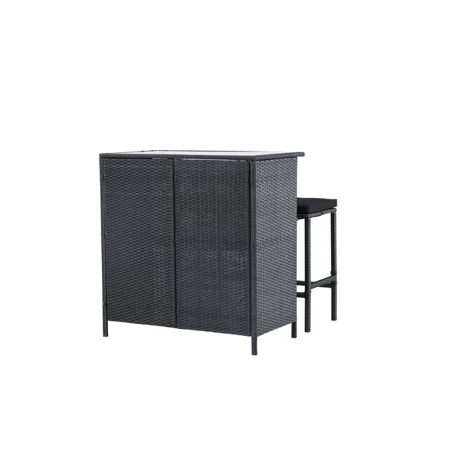 Barset Knock Schwarz – 3-teiliges Outdoor-Barset aus Polyrattan mit Glasplatte und 2 Barstühlen mit Sitzkissen, UV-beständig