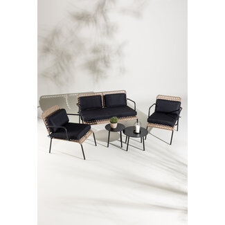 Venture Home Lounge-Set Paola Schwarz – Sofa-Garnitur Stahl & Natur-Wicker mit schwarzen Auflagen