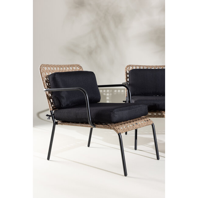 Lounge-Set Paola Schwarz – Sofa-Garnitur Stahl und Natur-Wicker mit schwarzen Auflagen