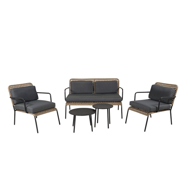 Lounge-Set Paola Schwarz – Sofa-Garnitur Stahl und Natur-Wicker mit schwarzen Auflagen