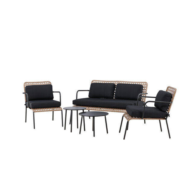 Lounge-Set Paola Schwarz – Sofa-Garnitur Stahl und Natur-Wicker mit schwarzen Auflagen