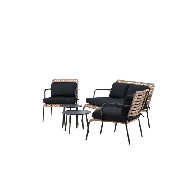 Lounge-Set Paola Schwarz – Sofa-Garnitur Stahl und Natur-Wicker mit schwarzen Auflagen